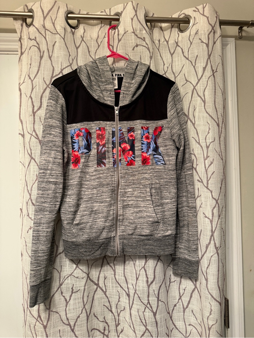 Victoria's Secret PINK Gray Marled Zip Hoodie with Floral Logo